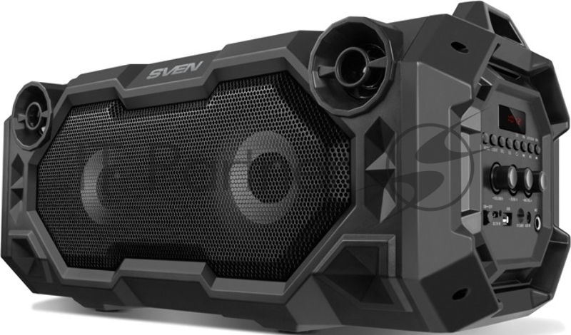 Мобильные колонки чёрные Sven PS-500 (2x18W, mini Jack, USB, Bluetooth, FM, micro SD, LED-дисплей, ПДУ, 2 x 2000 мA, LED подсветка)