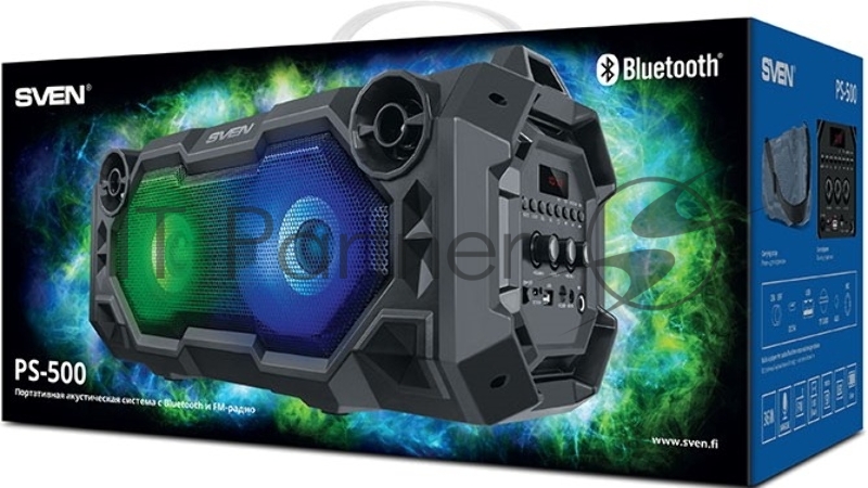 Мобильные колонки чёрные Sven PS-500 (2x18W, mini Jack, USB, Bluetooth, FM, micro SD, LED-дисплей, ПДУ, 2 x 2000 мA, LED подсветка)