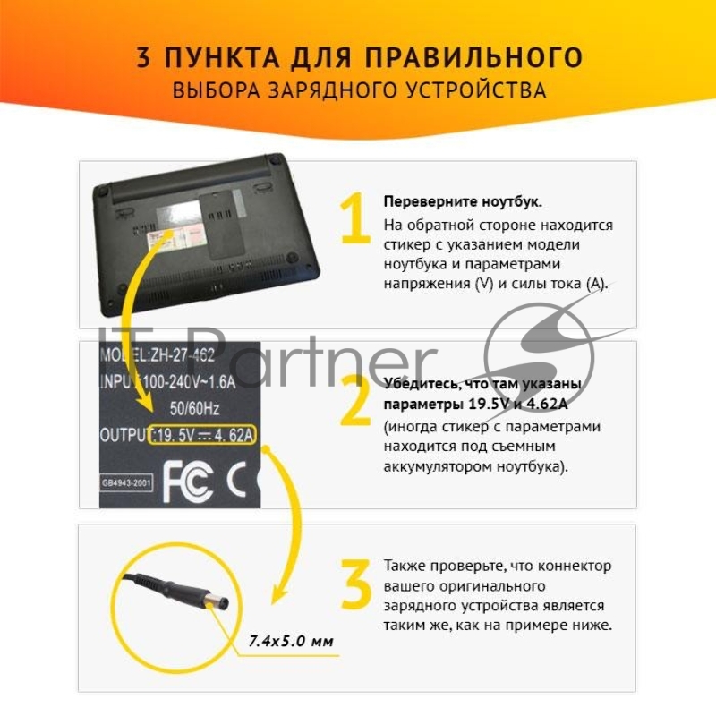 Блок питания для Dell 19.5V, 4.62А, 90W, 7.4х5.0 без кабеля