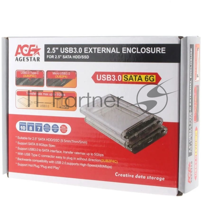 Внешний корпус для HDD/SSD AgeStar 3UB2P4C SATA III пластик прозрачный 2.5