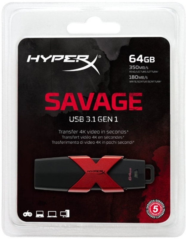 Флеш Диск Kingston 64Gb HyperX Savage HXS3/64GB USB3.0 черный/красный