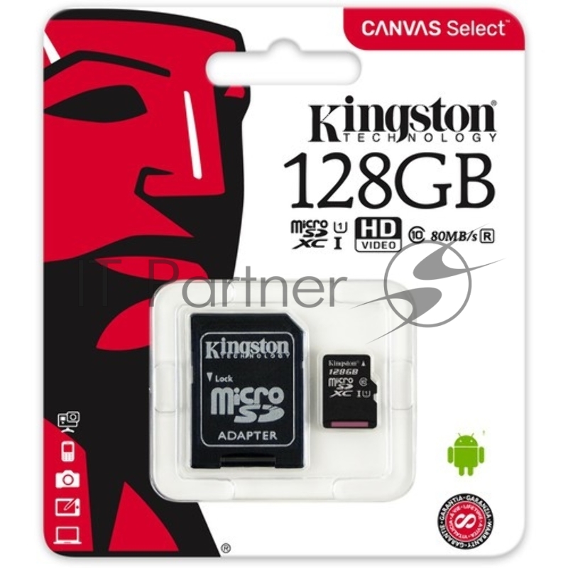 Флеш карта microSDHC 128GB microSDXC Kingston <SDCS2/128GB> Class10 UHS-I Canvas Select up to 100MB/s с адапт.