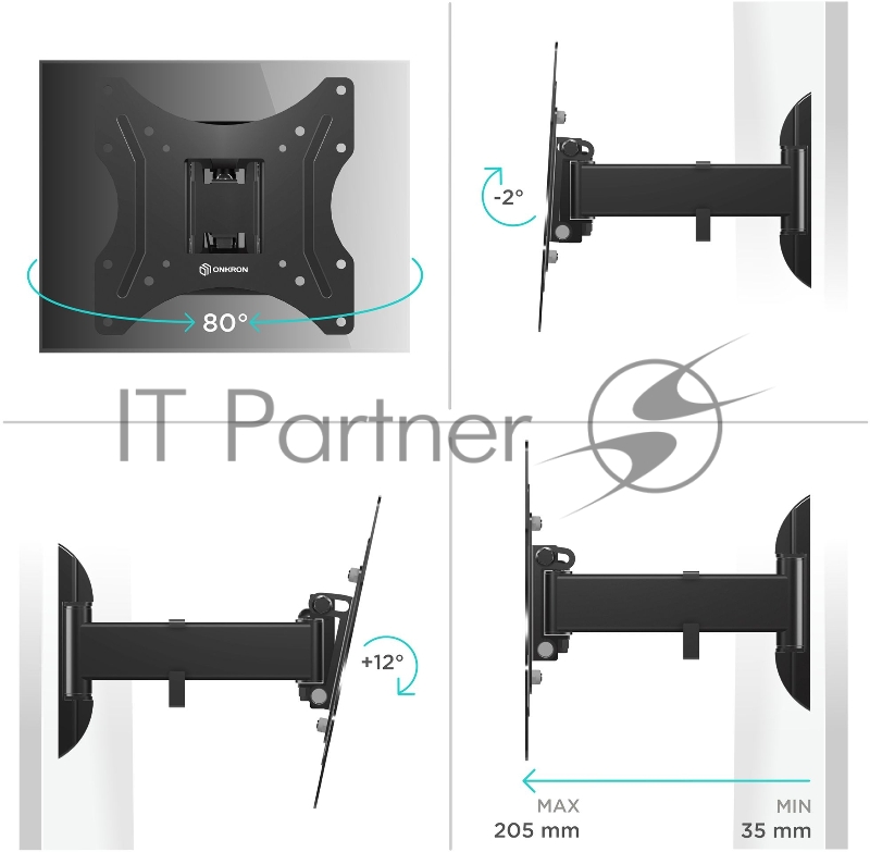 Кронштейн ONKRON M2S для телевизора 17-43 наклонно-поворотный, чёрный