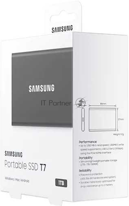 Твердотельный накопитель Samsung SSD 1TB T7 Touch, USB Type-C, R/W 1000/1050MB/s, Titanium
