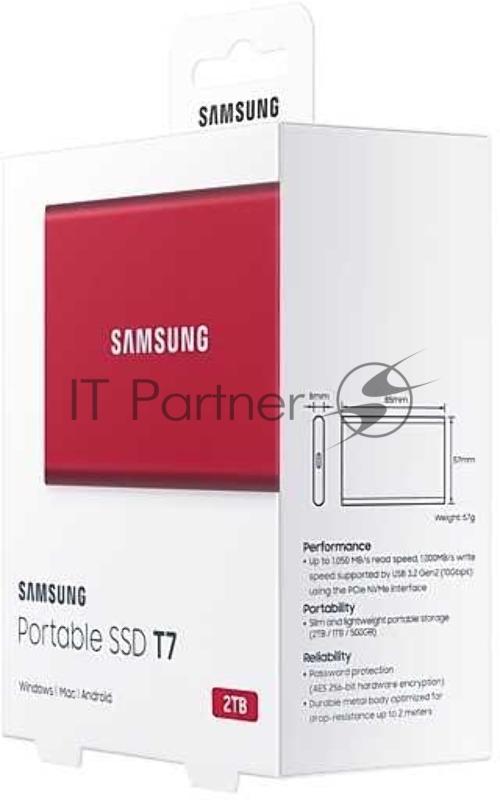 Твердотельный накопитель Samsung SSD 2TB T7 Touch, USB Type-C, R/W 1000/1050MB/s, Red