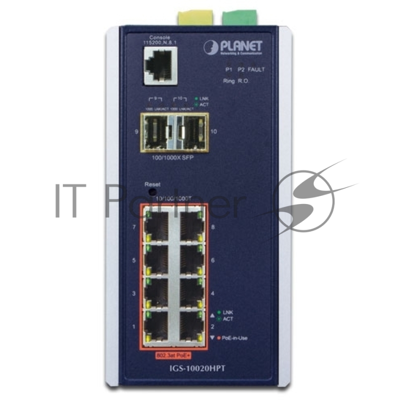 IGS-10020HPT индустриальный PoE коммутатор для монтажа в DIN-рейку IP30 L2+ SNMP Manageable 8-Port Gigabit POE+(AT) Switch + 2-Port Gigabit SFP Industrial Switch (-40 to 75 C), ERPS Ring Supported, 1588