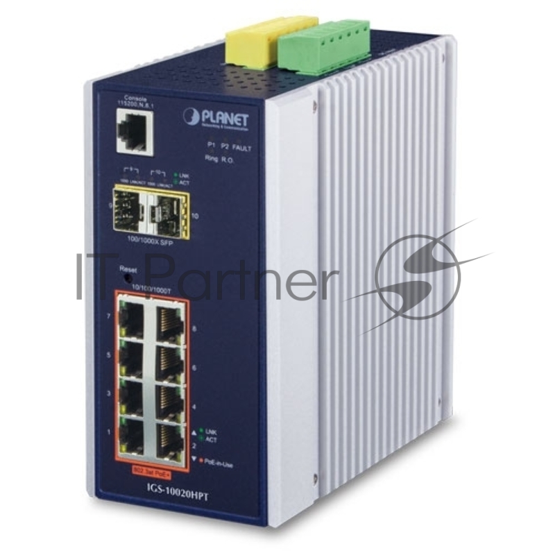 IGS-10020HPT индустриальный PoE коммутатор для монтажа в DIN-рейку IP30 L2+ SNMP Manageable 8-Port Gigabit POE+(AT) Switch + 2-Port Gigabit SFP Industrial Switch (-40 to 75 C), ERPS Ring Supported, 1588