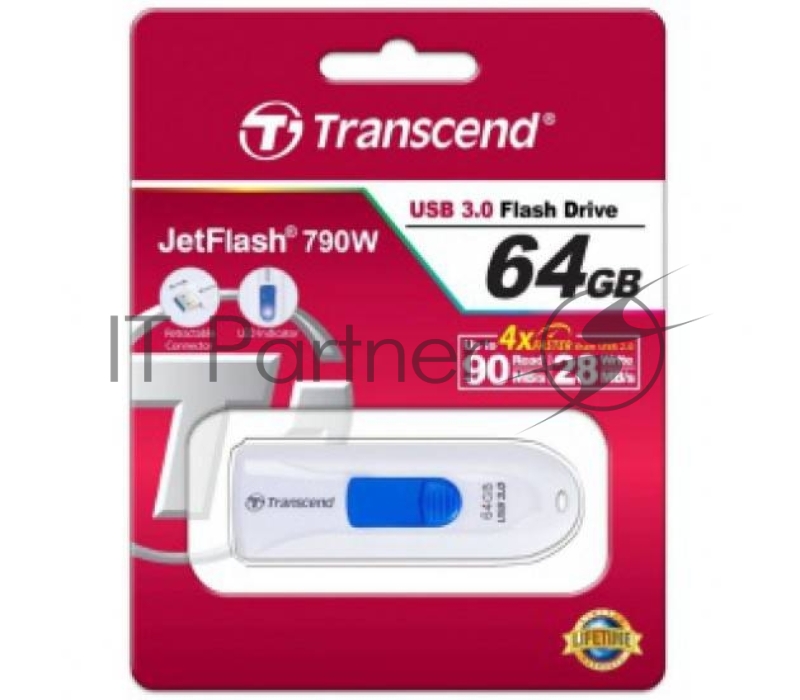 Флеш Диск 64GB Transcend JetFlash 790, USB 3.0, Белый/Синий