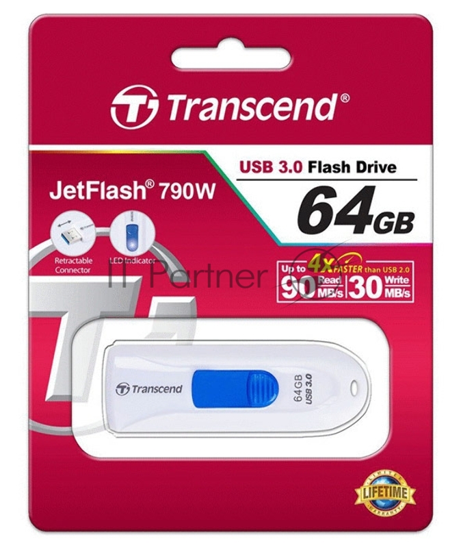 Флеш Диск 64GB Transcend JetFlash 790, USB 3.0, Белый/Синий