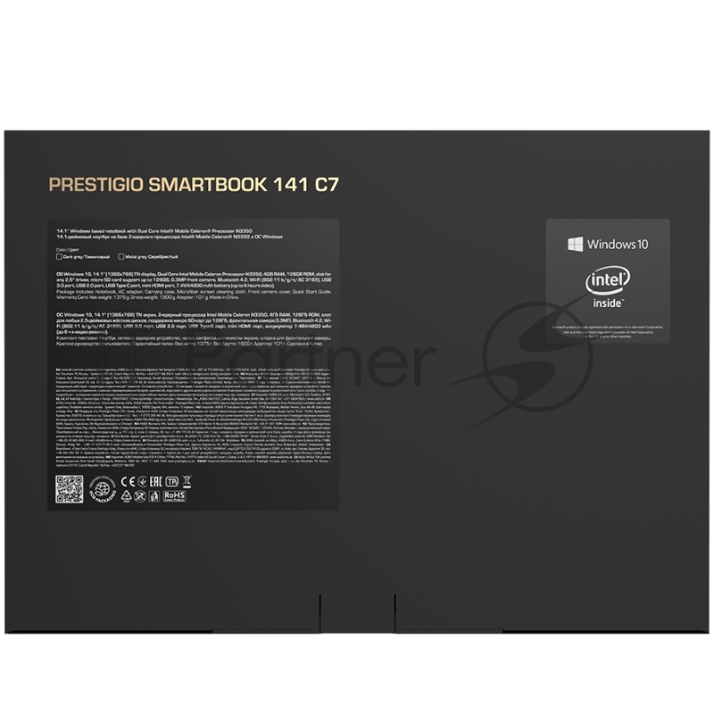 Ноутбук Prestigio SmartBook 141 C7,14.1 1366*768 TN, Windows 10 home, up to 2.4GHz DC Intel N3350,4/128GB, BT4.2, Dual WiFi, USB 3.0, USB 2.0, USB Type-C, HDD2.5 Slot, Micro SD card slot, mini HDMI, 0.3MP, EN+RU KBM,7.4V@4800mAh, Dark Grey