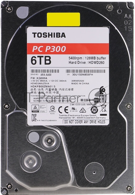 Жесткий диск Toshiba SATA-III 6Tb HDWD260UZSVA P300 (5400rpm) 128Mb 3.5