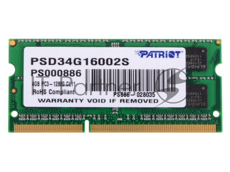 Модуль памяти Patriot SO-DIMM DDR3 4Gb 1600MHz PSD34G16002S RTL PC3-12800 CL11 204-pin 1.5В