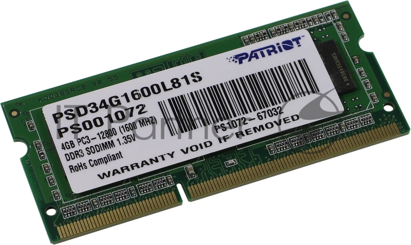 Модуль памяти Patriot SO-DIMM DDR3 4GB PSD34G1600L81S (PC3-12800, 1600MHz, 1.35V)
