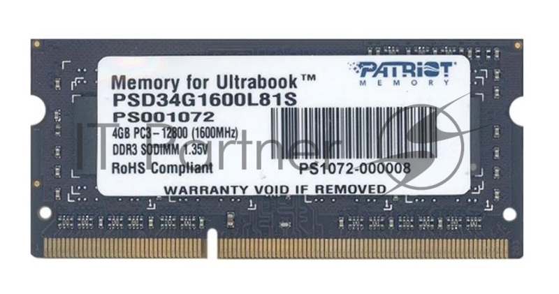 Модуль памяти Patriot SO-DIMM DDR3 4GB PSD34G1600L81S (PC3-12800, 1600MHz, 1.35V)