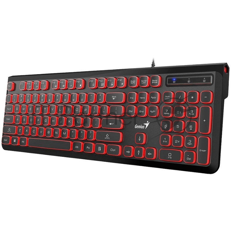Клавиатура проводная Genius SlimStar 260. Тихий набор, 104 клавиши. Шестигранный дизайн корпуса. Расширенная подставка с прорезиненными ножками. Подключение USB Plug-and-Play. Цвет: красно-черный