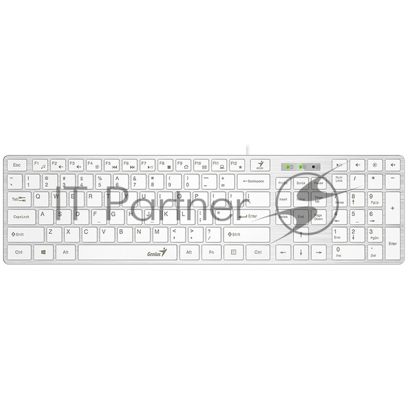 Клавиатура проводная мультимедийная Genius SlimStar 126, USB, 104 клавиши, 9 горячих кнопок, влагозащищенная, тонкие клавиши клавиши, кабель 1.5 м. Цвет: белый