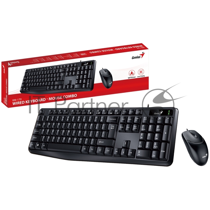Комплект проводной Genius Smart КМ-170 клавиатура+мышь, USB, Клавиатура: 104 клавиши кнопка SmartGenius, мембранная, защита от проливаний Мышь: оптическая, 1000 DPI, 3 кнопки, для правой/левой руки. Цвет: черный