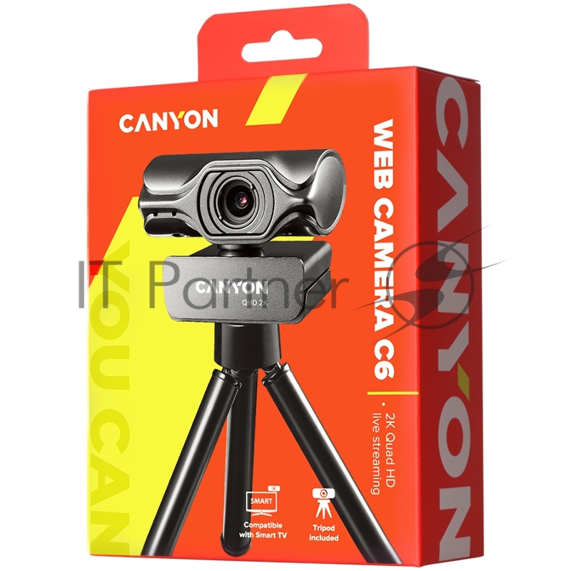 Вебкамера CANYON C6 2k Ultra full HD 3.2Mega webcam with USB2.0 connector, built-in MIC, IC SN5262, Sensor Aptina 0330, viewing angle 80°, with tripod, cable length 2.0m, Grey, 61.1*47.7*63.2mm, 0.182kg