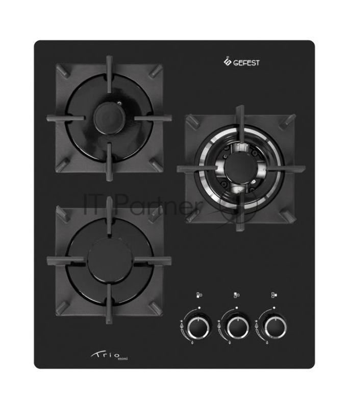 Газовая варочная панель Гефест 2100-01 К33 Стеклянная поверхность чёрного цвета, три горелки (1 двухзонная), встроенный электророзжиг, система газ-контроль, фиксированное положение малое пламя. Чугунные решётки