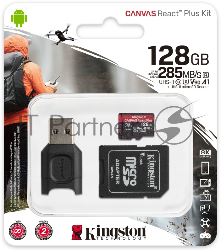 Карта памяти Kingston 128GB microSDXC React Plus SDCR2 w/Adapter + MLPM Reader EAN: 740617303360