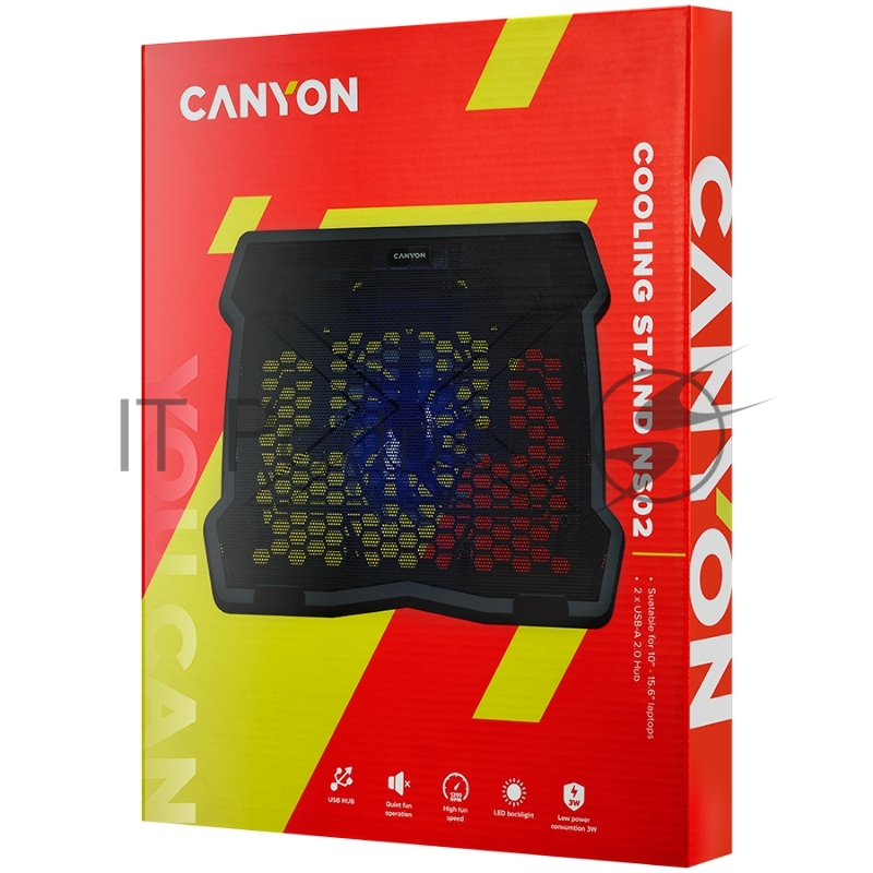 Охлаждающая подставка для ноутбука CANYON Cooling stand single fan with 2x2.0 USB hub, support up to 10”-15.6” laptop, ABS plastic and iron, Fans dimension:125*125*15mm(1pc), DC 5V, fan speed: 800-1000RPM, size:340*265*30mm, 406g