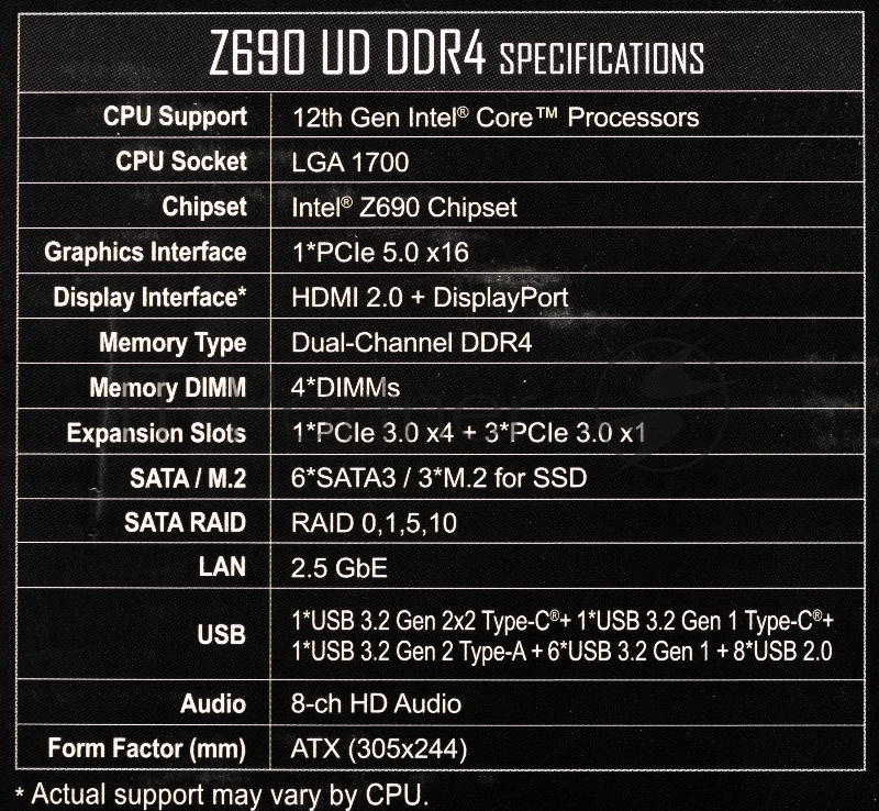 Материнская плата Gigabyte Z690 UD DDR4, Socket 1700, Intel Z690, 4xDDR4-3200, HDMI+DP, 3xPCI-Ex16, 2xPCI-Ex1, 6xSATA3(RAID 0/1/5/10), 3xM.2, 8Ch Audio, 2,5GbLan, (4+4)xUSB2.0, (5+2)xUSB3.2, (1+1)xUSB3.2 Type-C, 1xPS/2, ATX, RTL