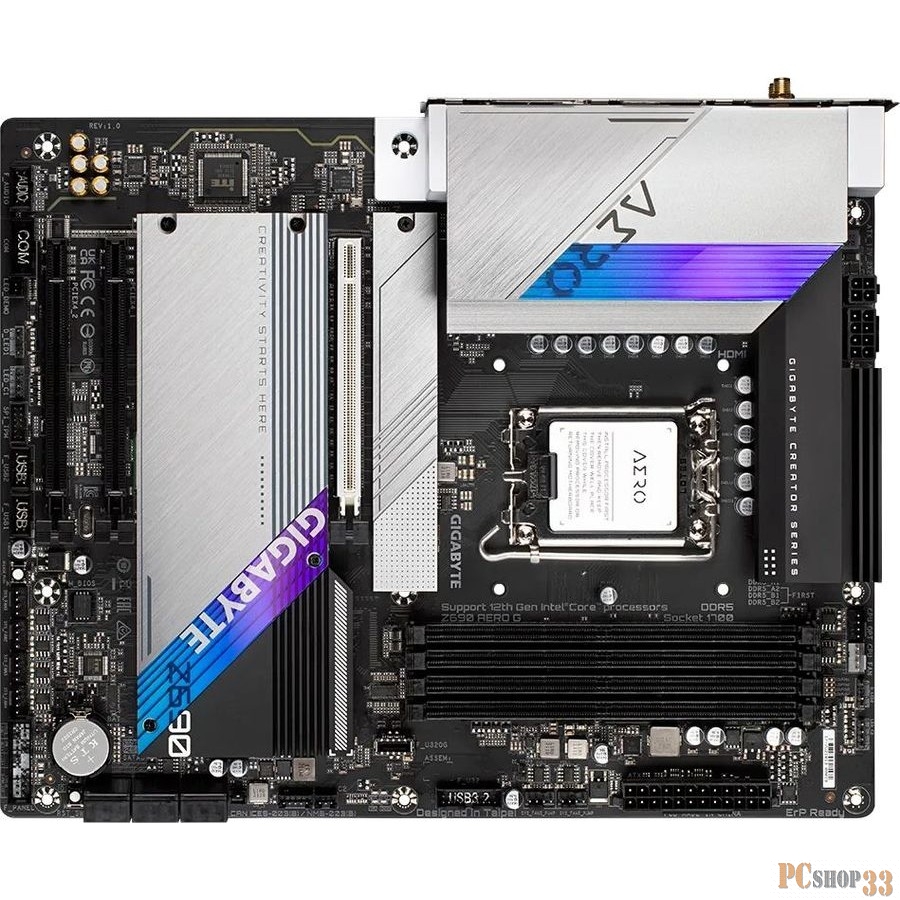 Материнская плата Gigabyte Z690 AERO G, Socket 1700, Intel®Z690, 4xDDR5-4800, HDMI, DP-In, 3xPCI-Ex16, 6xSATA3(RAID 0/1/5/10), 4xM.2, 8Ch Audio, 2.5GLan, WiFi, (2+4)xUSB2.0, (6+2)xUSB3.2, (2+1)xUSB3.2 Type-C™, ATX,