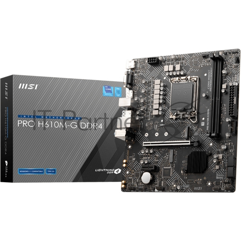 Материнская плата MSI PRO H610M-G DDR4, mATX, H610, LGA1700,2xDDR4,1xPCI-Ex16,1xPC 2xM.2(KEY M+KEY E), 4xSATA3, 4xUSB 3.2, 6xUSB 2.0