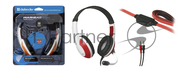 Наушники DEFENDER Warhead G-120 красный + белый, кабель 2 м