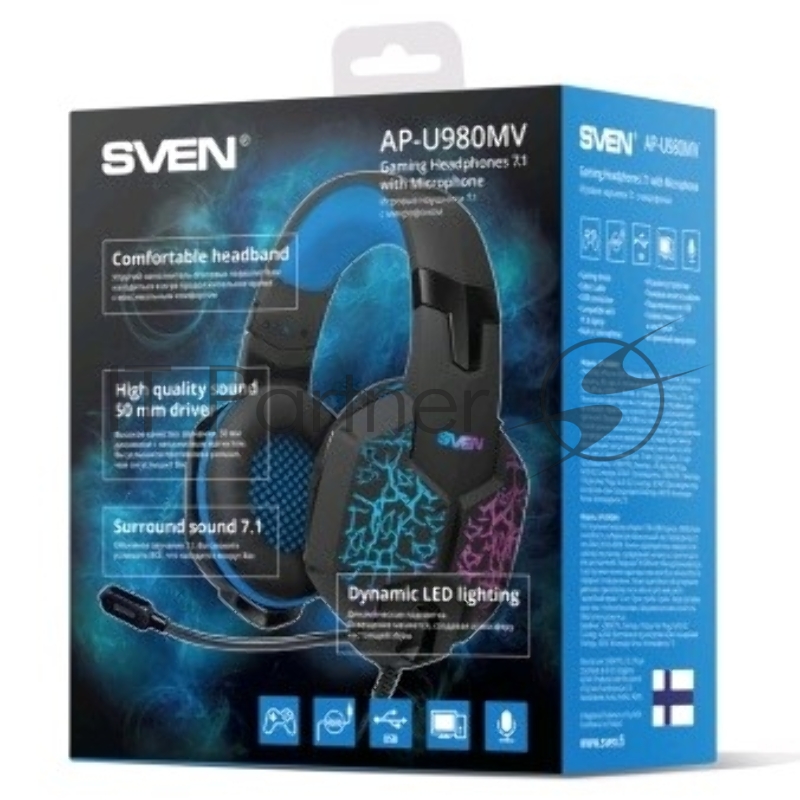 Гарнитура SVEN AP-U980MV, черный-синий (USB, LED, 7.1, 2.2m)