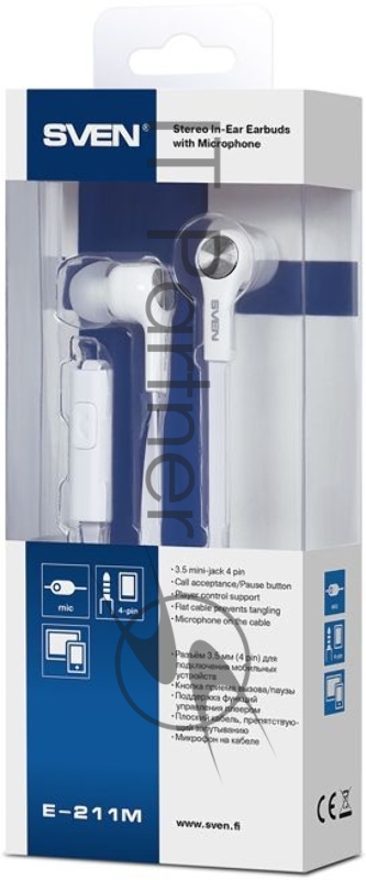 Внутриканальные стереонаушники с микрофоном SVEN E-211M, белый