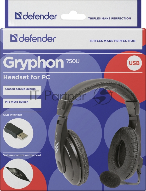 Гарнитура Defender Gryphon 750U USB, черный, 1.8м кабель