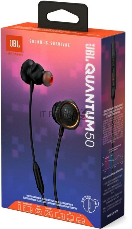 Наушники JBL Quantum 50 (накладные), черный Сопротивление 16 Ом, силиконовые вкладыши трех размеров, вес 21.5г, цвет черный