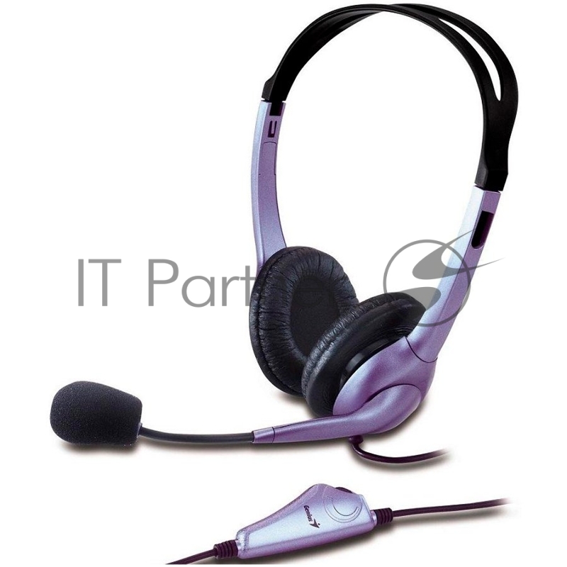 Проводная гарнитура Genius HS-04S (крепление - оголовье, накладные наушники, разъем mini jack 3.5 мм, фиксированное крепление микрофона.) Цвет сиреневый.