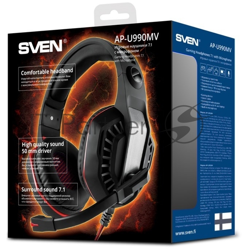 Игровые стереонаушники SVEN AP-U990MV с микрофоном черный-красный (внешняя звуковая карта USB 7.1)