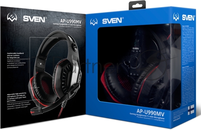 Игровые стереонаушники SVEN AP-U990MV с микрофоном черный-красный (внешняя звуковая карта USB 7.1)