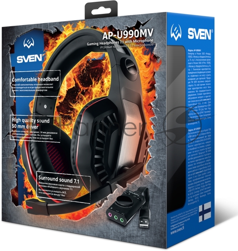 Игровые стереонаушники SVEN AP-U990MV с микрофоном черный-красный (внешняя звуковая карта USB 7.1)