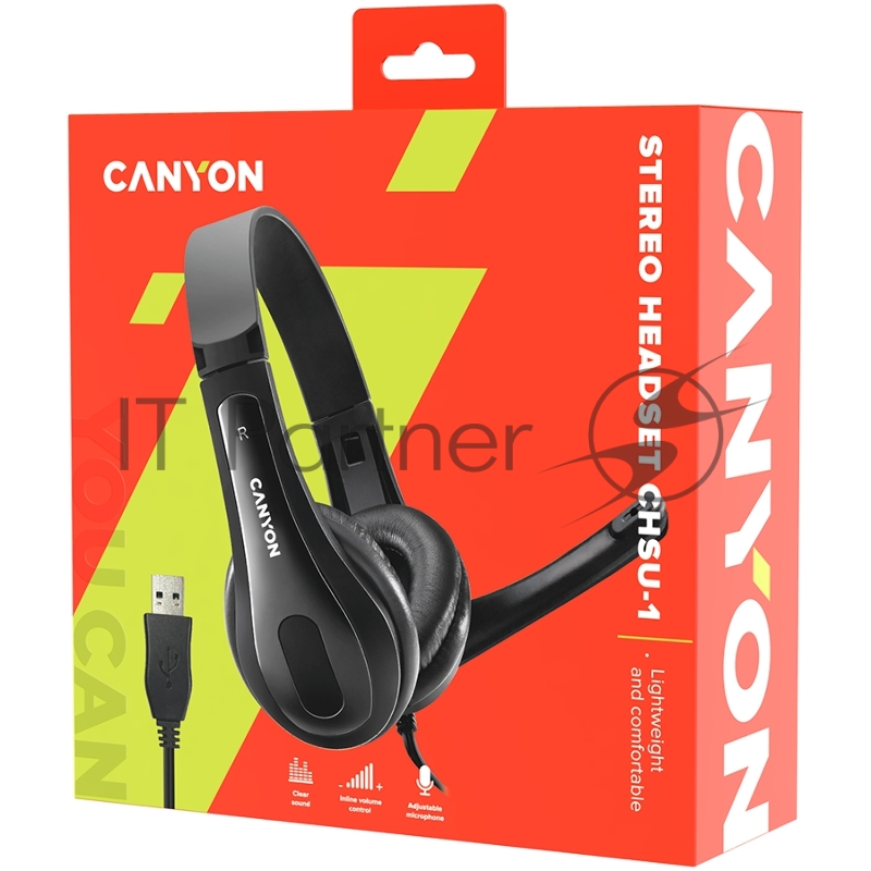Гарнитура CANYON CHSU-1 basic PC headset with microphone, USB plug, leather pads, Flat cable length 2.0m, 160*60*160mm, 0.13kg, Black