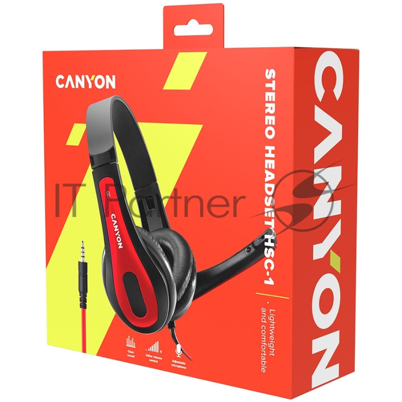 Наушники CANYON HSC-1 basic PC headset with microphone, combined 3.5mm plug, leather pads, Flat cable length 2.0m, 160*60*160mm, 0.13kg, Black-red