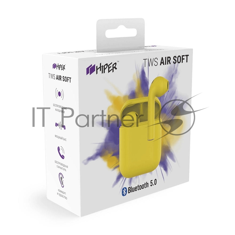 Наушники HIPER Беспроводные наушники HIPER TWS AIR Soft Bluetooth 5.0 гарнитура Li-Pol 2x50mAh+300mAh, Желтый