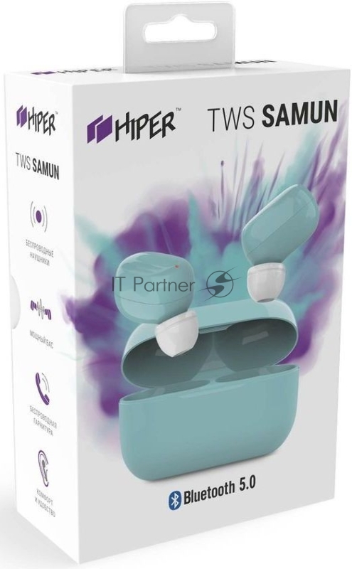 Наушники Hiper TWS SAMUN Blue Bluetooth 5.0 гарнитура Li-Pol 2x40mAh+300mAh, голубой