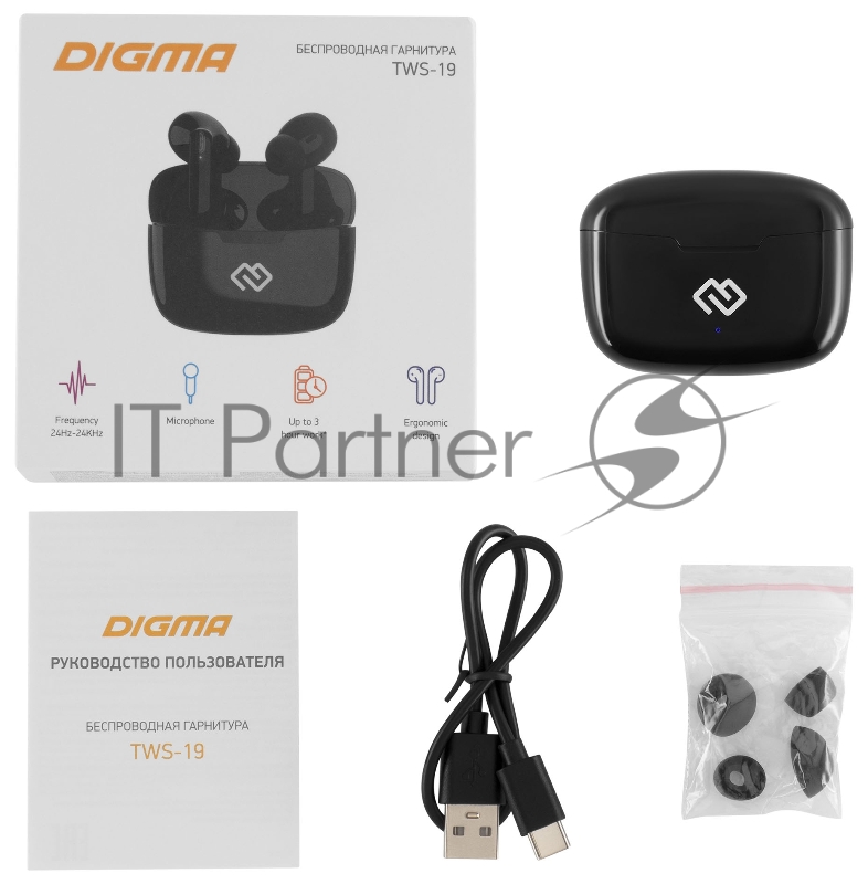 Гарнитура вкладыши Digma TWS-19 черный беспроводные bluetooth в ушной раковине (TWS19B)
