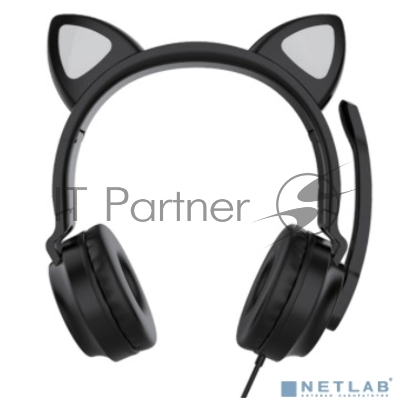 Гарнитура для игр и стриминга с подсветкой, складная, Qumo Game Cat Black (GHS 0034), подключение 1х3,5 Jack + питание USB