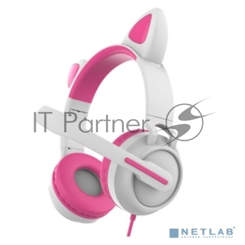 Гарнитура для игр и стриминга с подсветкой, складная, Qumo Game Cat White&pink (GHS 0035), подключение 1х3,5 Jack + питание USB