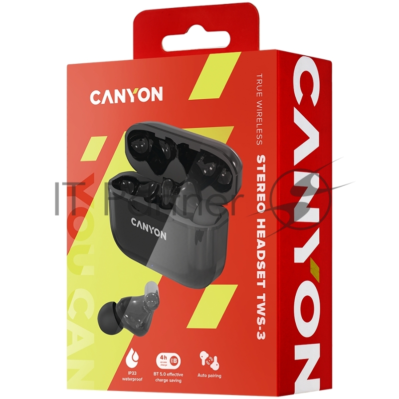 Наушники Canyon TWS-3 Bluetooth headset, with microphone, BT V5.0, Bluetrum AB5376A2, battery EarBud 40mAh*2+Charging Case 300mAh, cable length 0.3m, 62*22*46mm, 0.046kg, Black