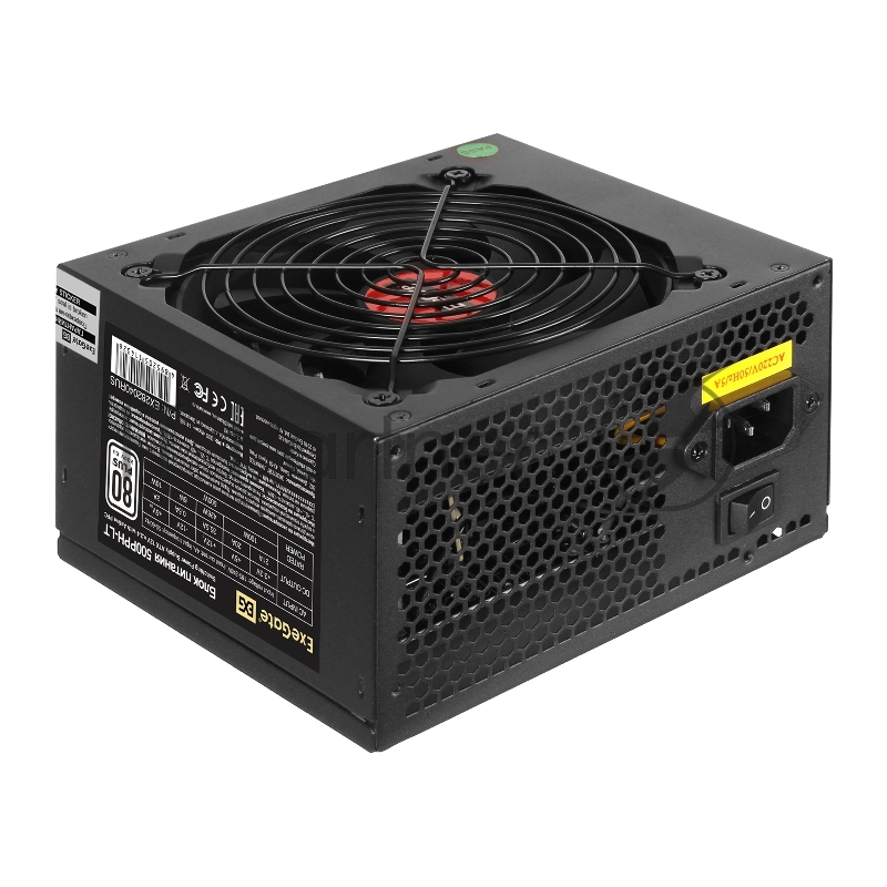 Блок питания 500W ExeGate 80 PLUS® 500PPH-LT-S-OEM (ATX, APFC, КПД 82% (80 PLUS)SC, 12cm fan, 24pin, (4+4)pin, PCIe, 5xSATA, 3xIDE, black, кабель 220V с защитой от выдергивания)