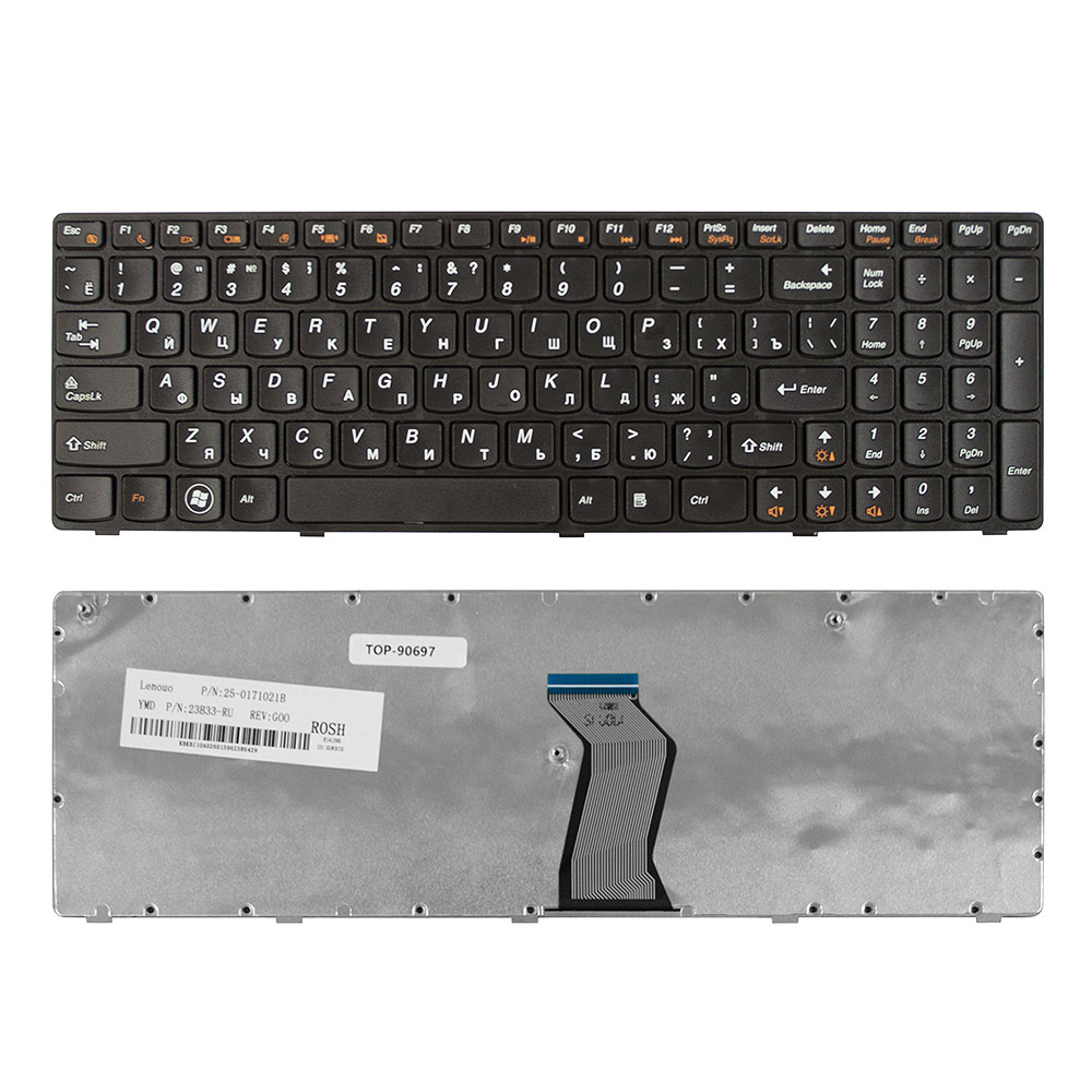 Клавиатура для ноутбука Lenovo Lenovo IdeaPad G570, G575, G770, Z560, Z565 Series. Плоский Enter. Черная, с черной рамкой. 25-0161025, 25-010793.