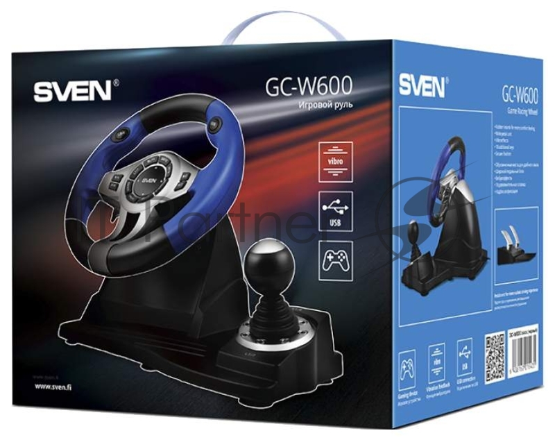 Sven GC-W600 Руль чёрный (виброотдача, педали, джойстик, 12 кн., USB)