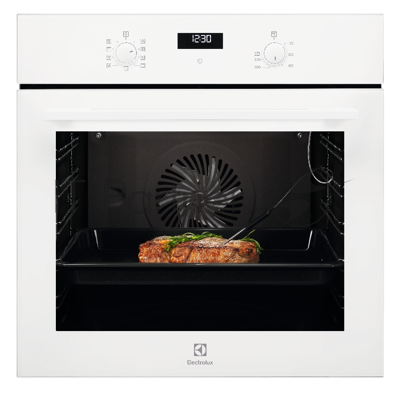 Духовой шкаф Electrolux SenseCook, основной цвет - белый, утапливаемые переключатели, таймер отключения, отложенный старт, будильник, хромированные направляющие из нержавеющей стали Easy Entry, телескопические направляющие FlexiRunners (1 ур) с измен