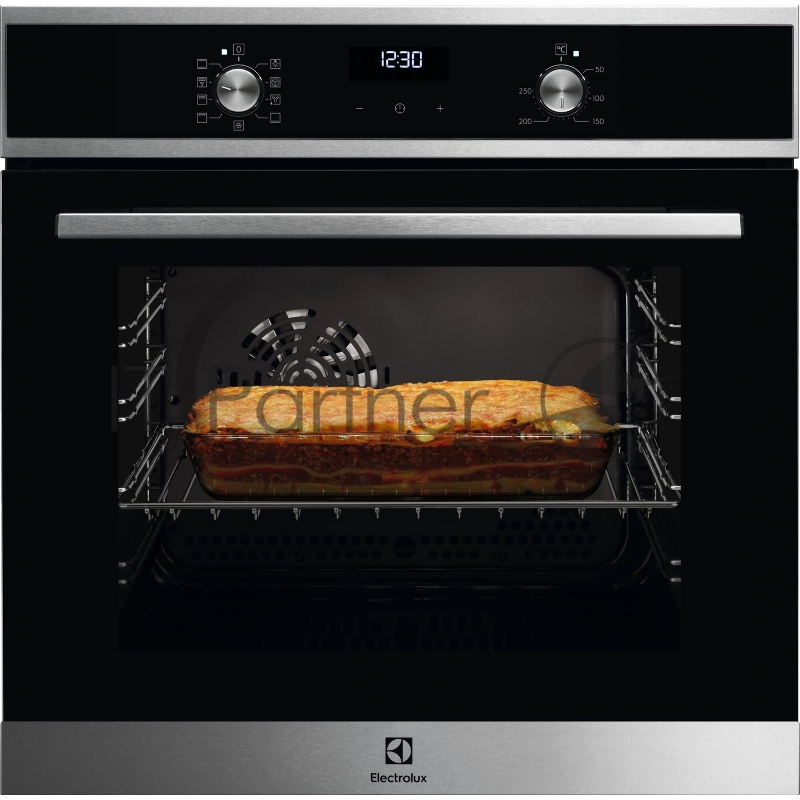 Электрический духовой шкаф Electrolux с кольцевым нагревательным элементом SurroundCook, основной цвет - нержавеющая сталь c Anti Finger Print, утапливаемые переключатели, таймер отключения, отложенный старт, будильник, хромированные направляющие из